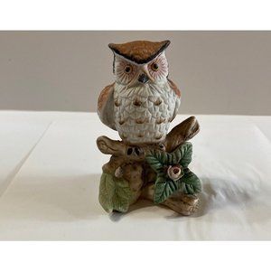 Vintage Small Cermaic Hand Painted Owl on Branch with Flower 4”